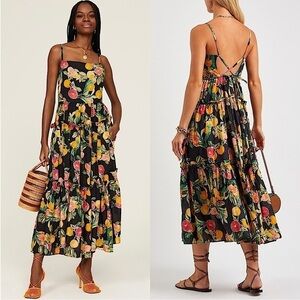 CARA CARA Fruit Print Square Neck Sleeveless Open Back Ruffle Tier Midi Dress L